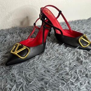 Valentino Black and Red Heels with Gold Accent